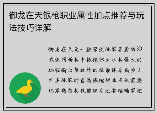 御龙在天银枪职业属性加点推荐与玩法技巧详解